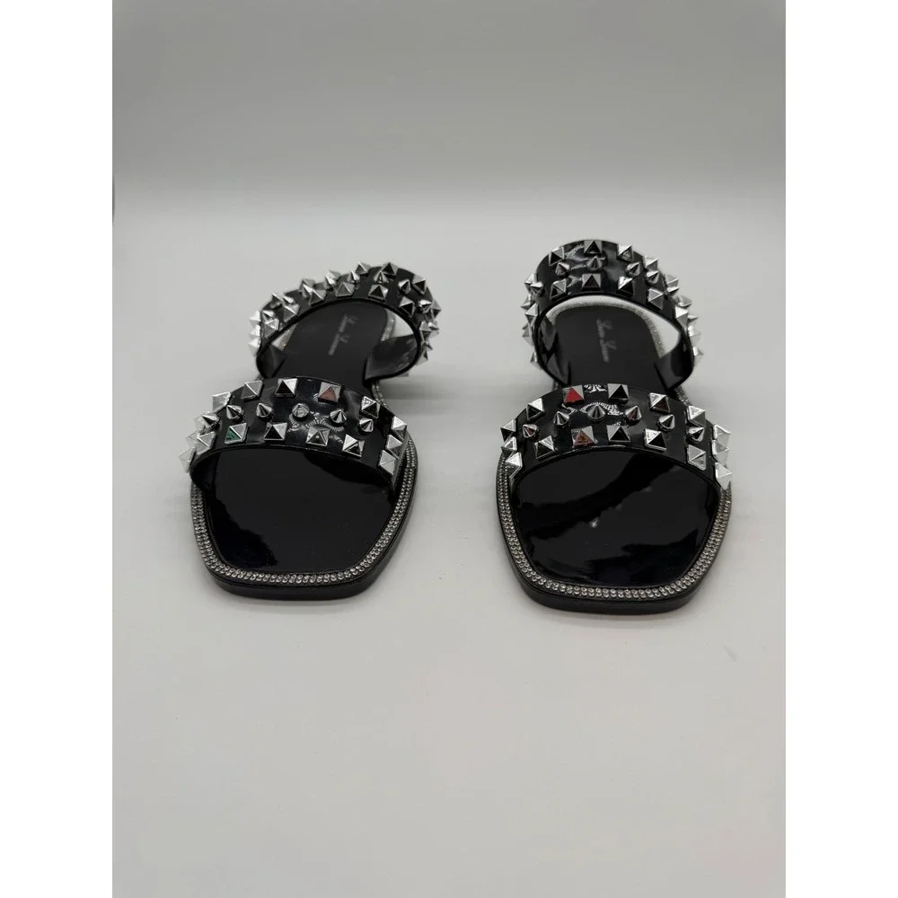 Lauren Lorraine Black Patent Jelly Studded Slide Sandals Silver Pyramid Stud 8.5